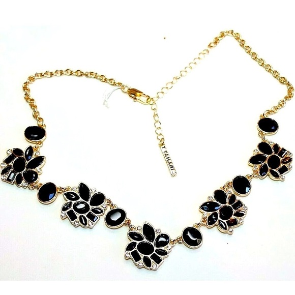 T Tahari Jewelry - NWOT T TAHARI BLACK STONE CLEAR CRYSTAL FLORAL NECKLACE GOLD TONE